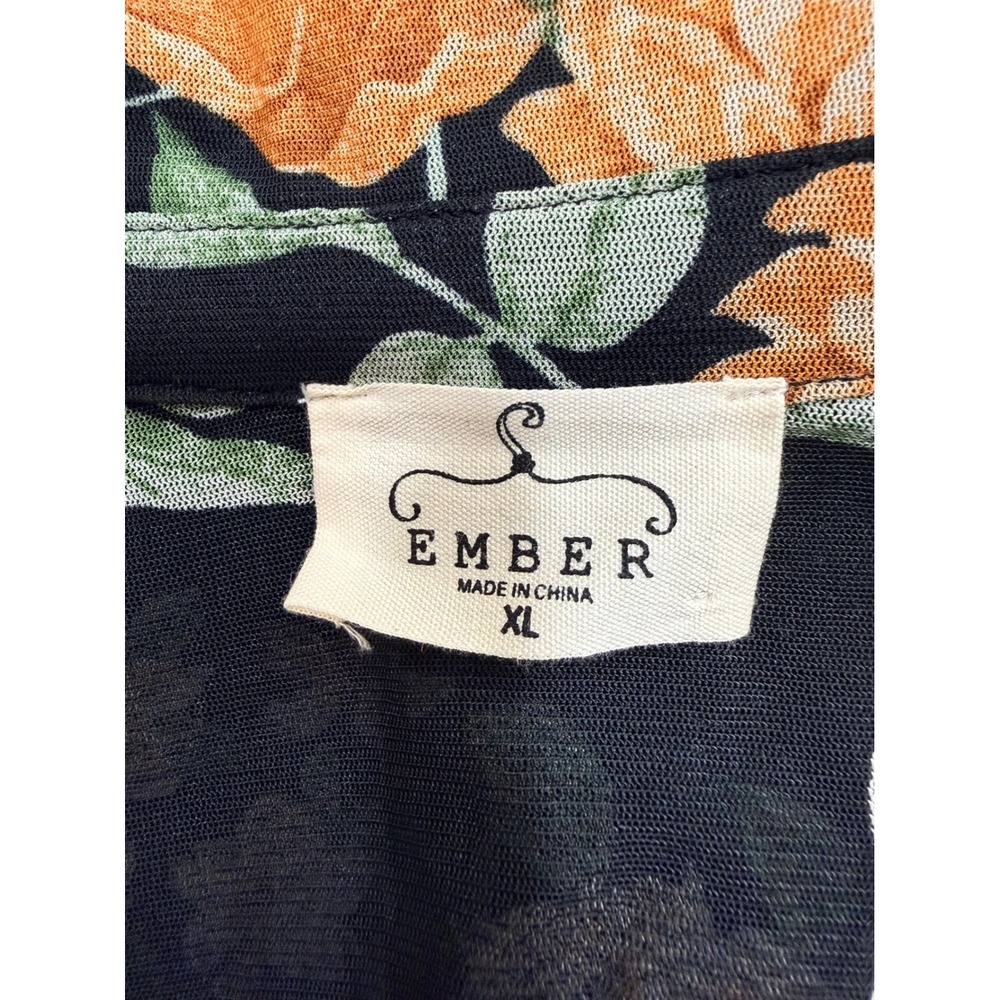 Ember Floral Mesh Blouse XL Black Orange Smocked Cuff Boho Whimsigoth Office Y2K - Picture 7 of 11
